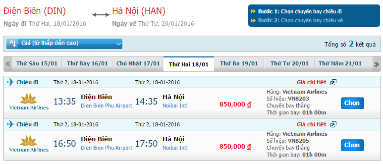 Cập nhật giá vé Vietnam Airlines từ Điện Biên đi Hà Nội tháng 01/2016