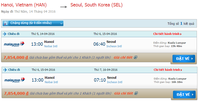 vé máy bay Malaysia Airlines đi Seoul