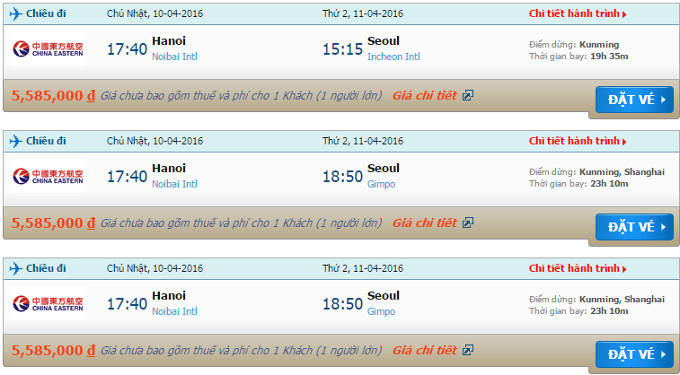 Bản tin cập nhật giá vé China Eastern Airlines từ Hà Nội tới Seoul tháng 4/2016
