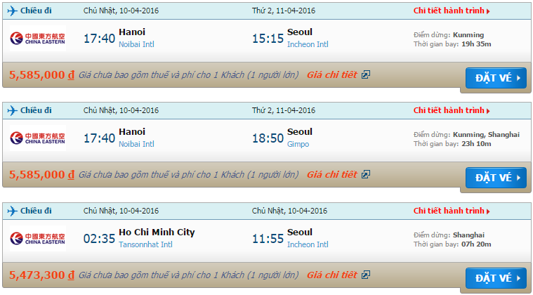 Bản tin cập nhật giá vé China Eastern Airlines tới Seoul tháng 4/2016