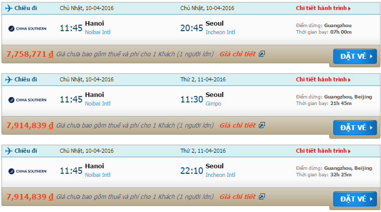 Bản tin cập nhật giá vé China Southern Airlines từ Hà Nội tới Seoul tháng 4/2016