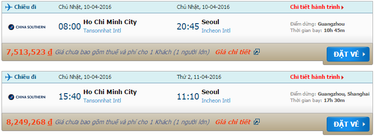 Bản tin cập nhật giá vé China Southern Airlines từ Sài Gòn tới Seoul tháng 4/2016