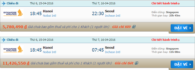 Vé máy bay Singapore từ Hà Nội đi Seoul