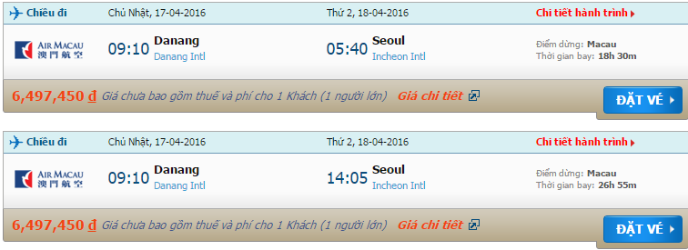 Vé máy bay Air Macau từ Đà Nẵng đi Incheon