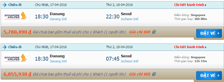 Vé máy bay Singapore từ Đà Nẵng đi Seoul