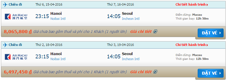 Vé máy bay Air Macau từ Hà Nội đi Incheon