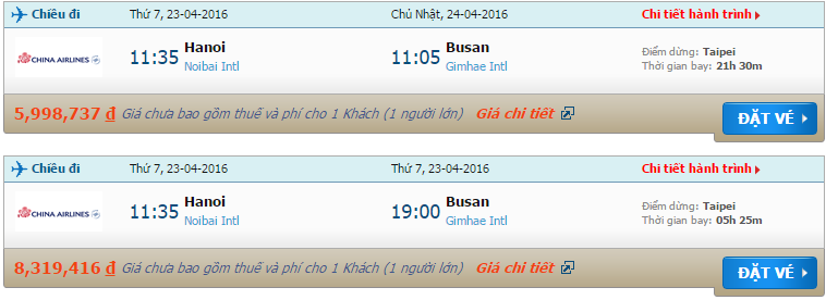 Vé máy bay China Airlines từ Hà Nội đi Busan