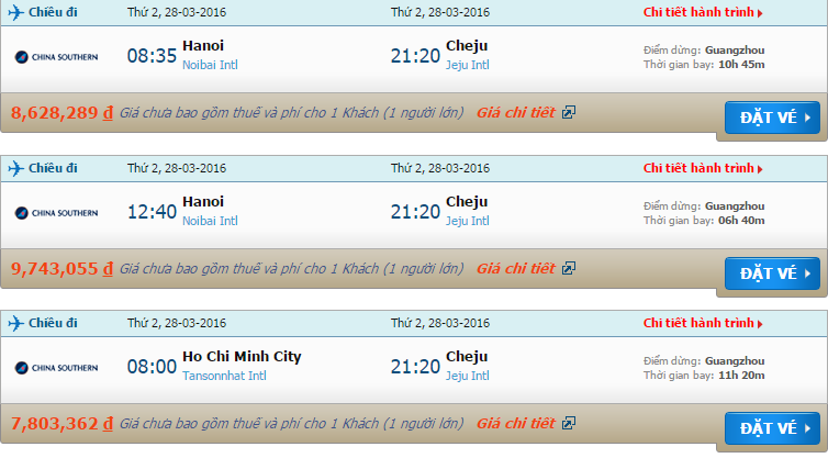Bản tin cập nhật giá vé China Southern Airlines tới Jeju tháng 3/2016
