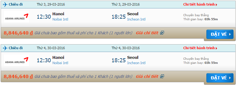 Bản tin cập nhật giá vé Asiana Airlines từ Hà Nội tới Incheon tháng 3/2016