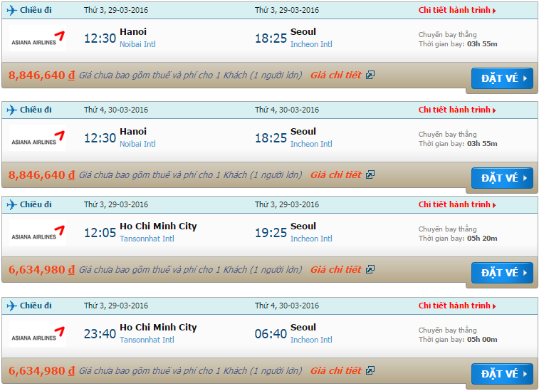 Bản tin cập nhật giá vé Asiana Airlines tới Incheon tháng 3/2016