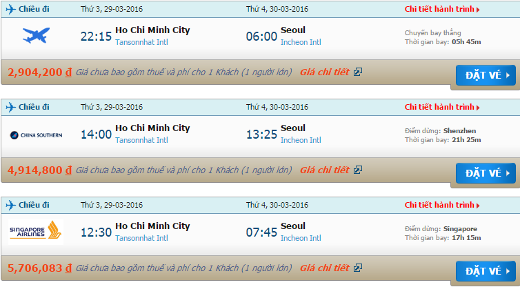 Bản tin cập nhật giá vé cho các hành trình từ Sài Gòn tới Seoul tháng 3/2016