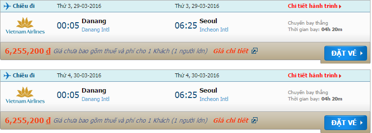 Vé máy bay Vietnam Airlines từ Đà Nẵng đi Seoul tháng 3/2016