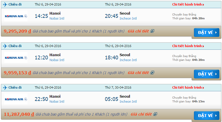 Bản tin cập nhật giá vé Korean Air từ Hà Nội tới Seoul tháng 4/2016
