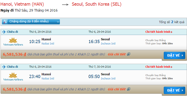 Vé máy bay Vietnam Airlines từ Hà Nội đi Seoul