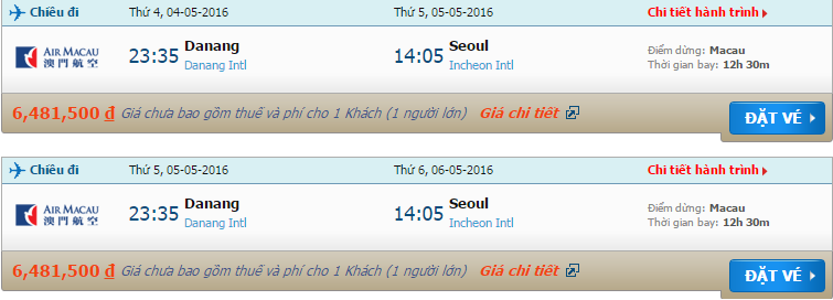 Vé máy bay Air Macau từ Đà Nẵng đi Seoul
