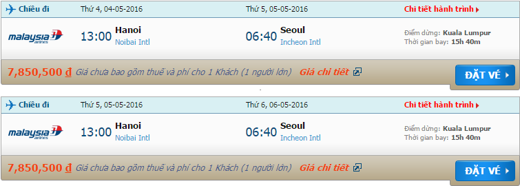 Vé máy bay Malaysia Airlines từ Hà Nội đi Incheon