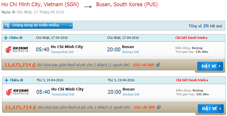 vé máy bay Air China từ Sài Gòn đi Busan 