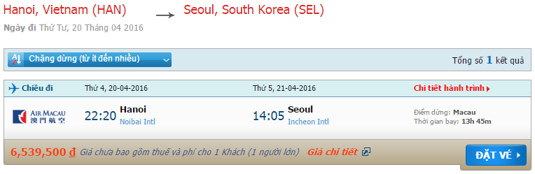 vé máy bay Air Macau từ Sài Gòn đi Seoul