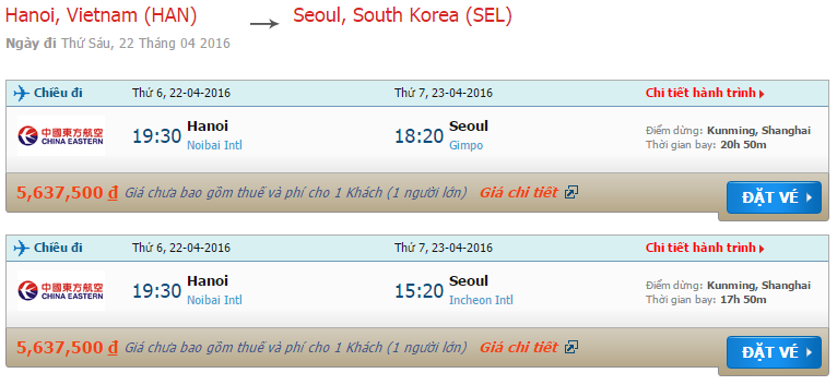 vé máy bay China Eastern từ Hà Nội đi Seoul