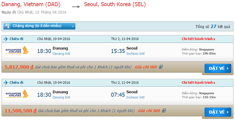 vé máy bay Singapore Airlines từ Đà Nẵng đi Seoul
