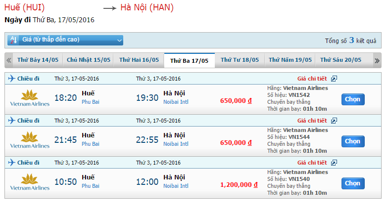 Bảng giá vé máy bay hành trình từ Huế đi Hà Nội