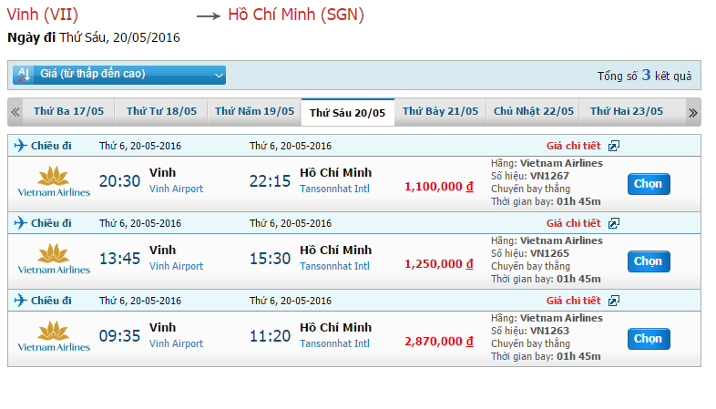 Bảng giá vé máy bay đi Sài Gòn của Vietnam Airlines