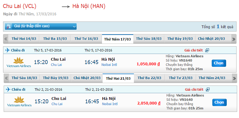 Bảng giá vé máy bay Chu Lai - Hà Nội