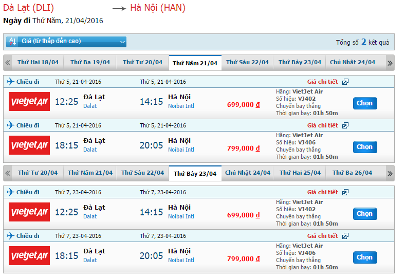 Bảng giá vé máy bay từ Đà Lạt đi Hà Nội