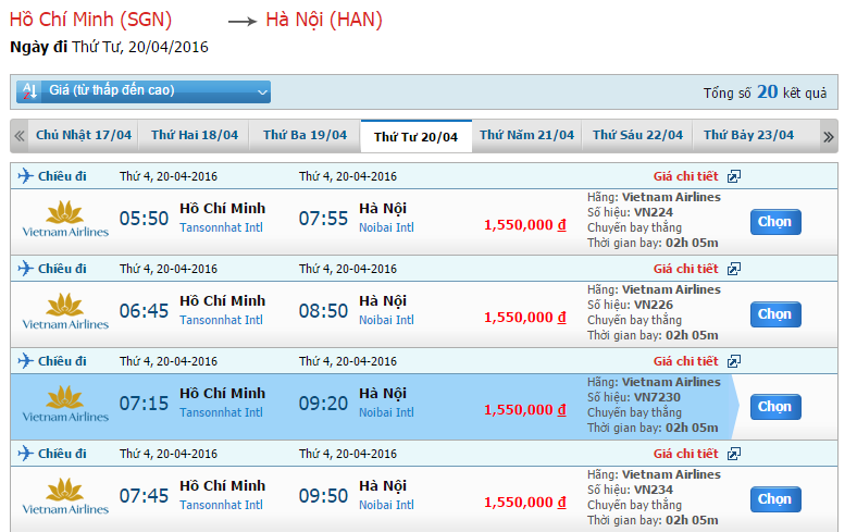 Bảng giá vé máy bay Vietnam Airlines từ Sài Gòn đi Hà Nội