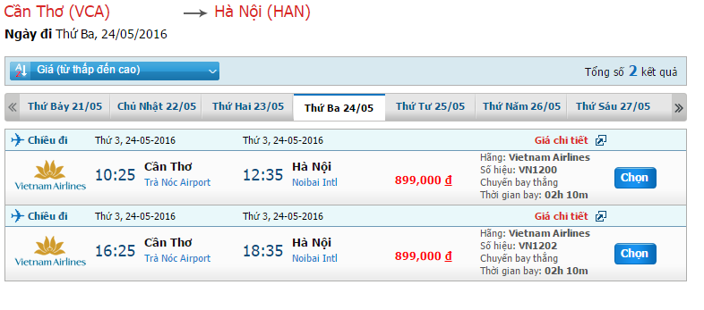 Bảng giá vé Vietnam Airlines đi Hà Nội