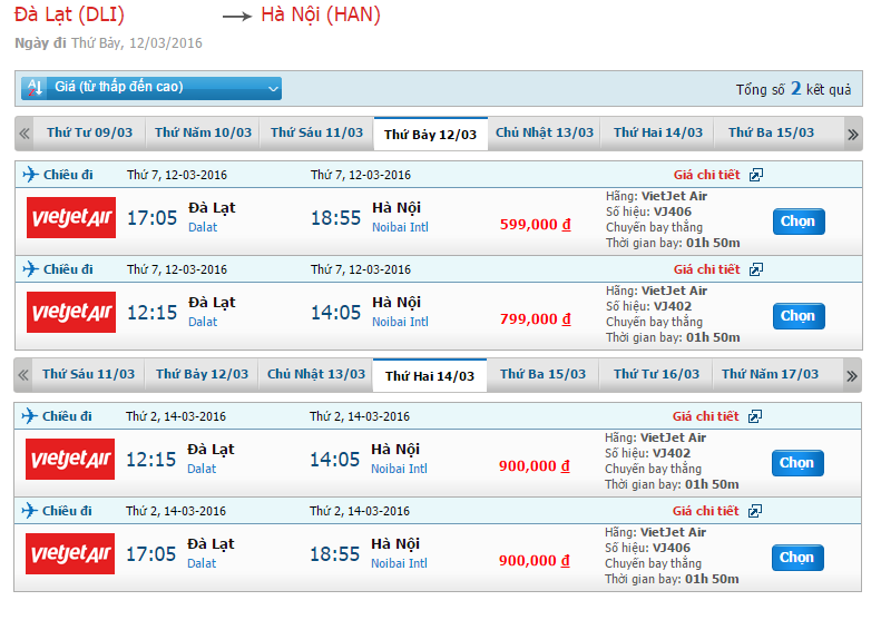 Bảng giá vé máy bay từ Đà Lạt đi Hà Nội
