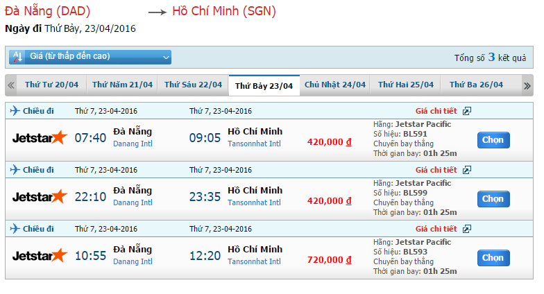 Bảng giá vé máy bay Jetstar đi Sài Gòn