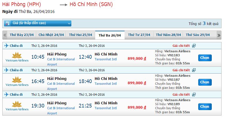 Bảng giá vé máy bay hành trình Hải Phòng - Sài Gòn