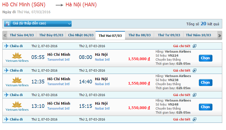 Bảng giá vé máy bay hành trình Sài Gòn-Hà Nội