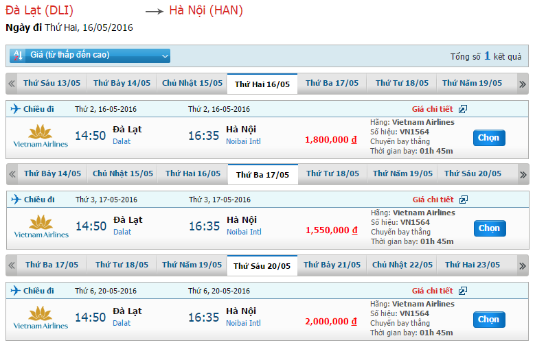 Chặng bay Đà Lạt - Hà Nội của Vietnam Airlines