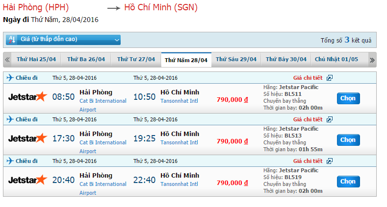 Bảng giá vé Jetstar từ Hải Phòng đi Sài Gòn