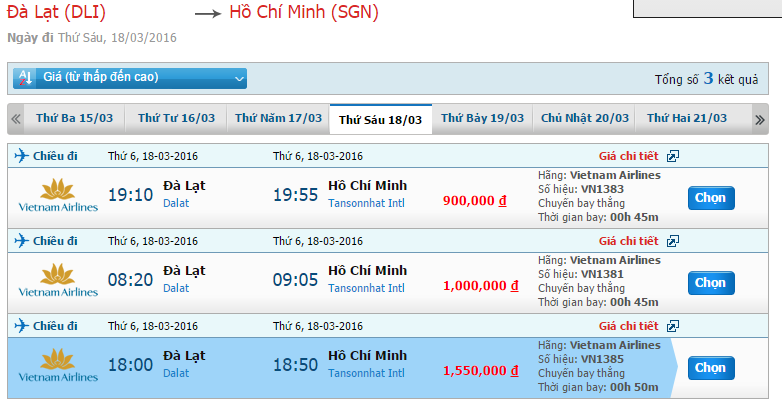 Giá vé Vietnam Airlines từ Đà Lạt đi Sài Gòn