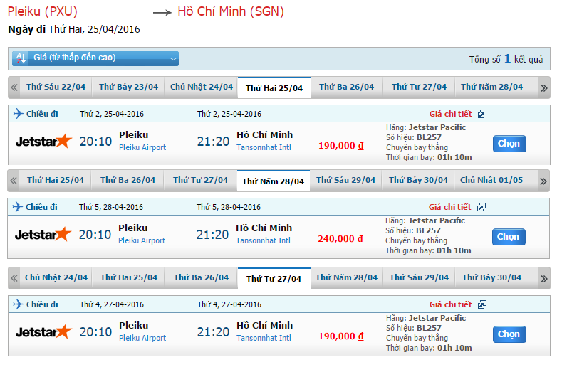 Bảng giá vé máy bay Jetstar đi Sài Gòn