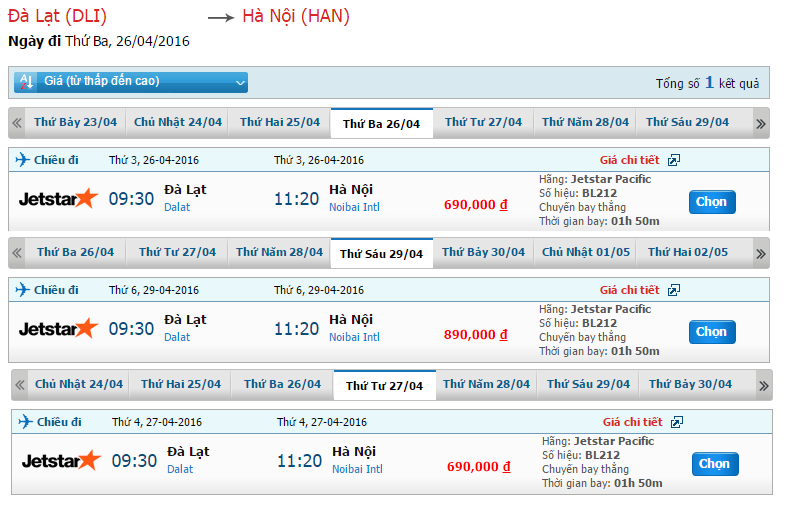 Bảng giá vé máy bay Jetstar từ Đà Lạt đi Hà Nội