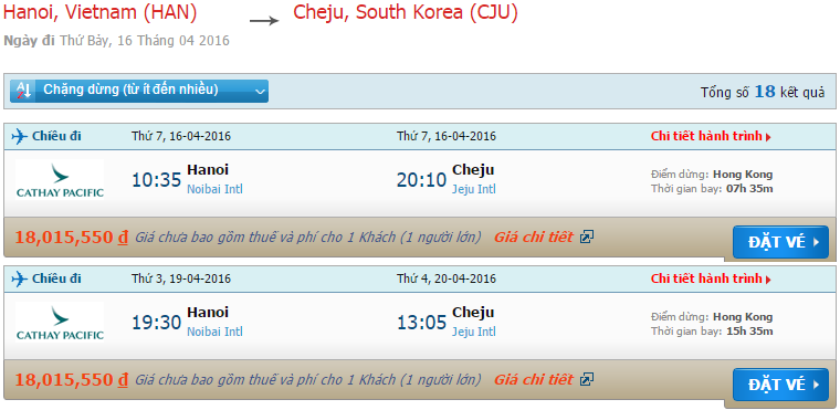 Vé máy bay Cathay Pacific từ Hà Nội đi Jeju