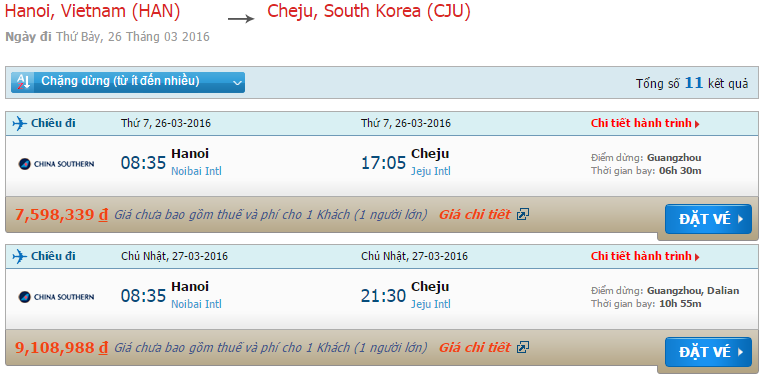 Vé máy bay China Southern Airlines từ Hà Nội đi Jeju