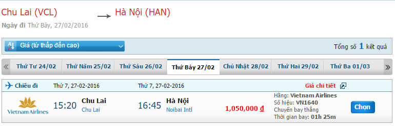 Tìm hiểu bản tin giá vé Vietnam Airlines chặng Chu Lai – Hà Nội tháng 2/2016