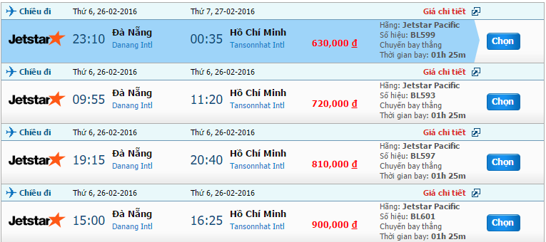 Cập nhật giá vé JetStar chuyến bay Đà Nẵng đi Sài Gòn trong tháng 2/2016 