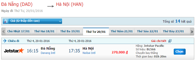  Bản tin cập nhật giá vé JetStar từ Đà Nẵng đi Hà Nội tháng 01/2016