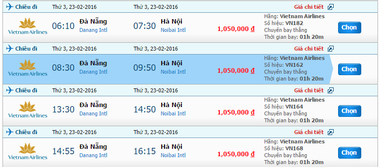 Giá vé Vietnam Airlines chuyến bay Đà Nẵng đi Hà Nội trong tháng 2/2016