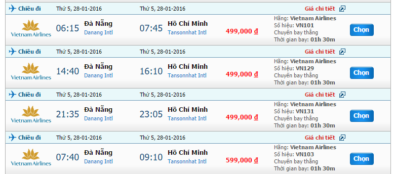 Đặt vé Vietnam Airlines chặng bay từ Đà Nẵng đi Sài Gòn tháng 01/2016