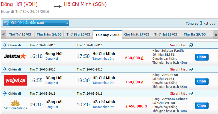 Cập nhật giá vé JetStar chuyến bay Đồng Hới đi Sài Gòn trong tháng 3/2016 