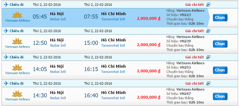 Mức giá vé tham khảo hãng Vietnam Airlines Hà Nội tới Sài Gòn tháng 2/2016