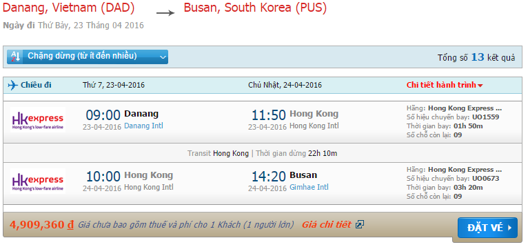 vé máy bay Hong Kong Express Airways từ Đà Nẵng đi Busan