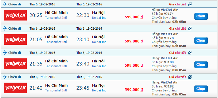 Mức giá vé tham khảo hãng VietJet Air tới Hà Nội tháng 2/2016